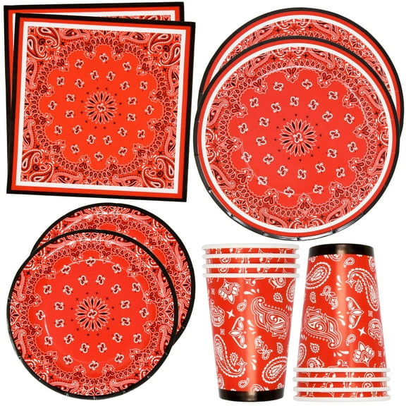 Gift Boutique Red Bandanna Western Party AFN1Supplies Set 24 9" 7" Paper Plate Cups 50 Napkins Birthday Parties Bandanna Paisley Cowboy Themed Disposable Tableware