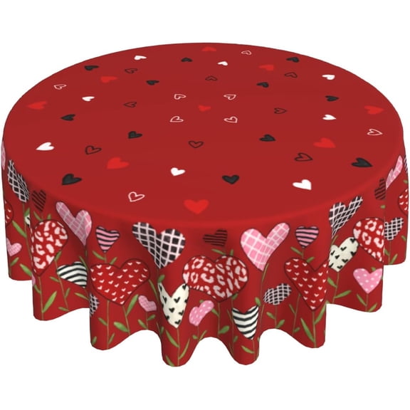 Valentine''s Day Round Tablecloth 60 Inch Water-Resistant Washable Fabric Reusable Plaid Red Pink Black Love Hearts Flower Table Cover for Decoration Indoor Outdoor Dining
