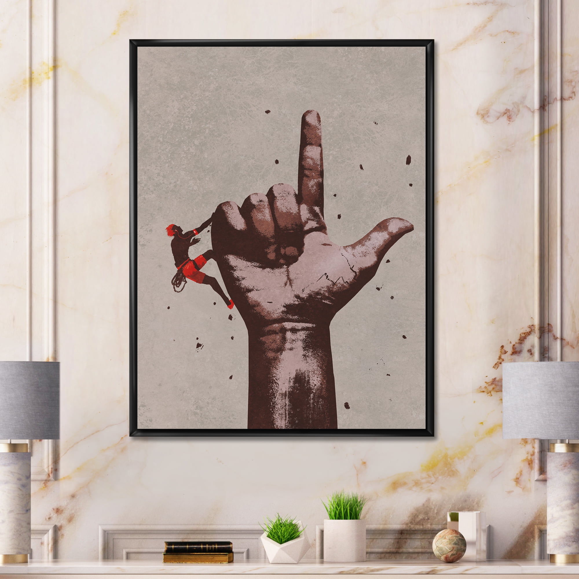 Climber With Finger Pointing Up Sign 12 in x 20 in Framed Painting Canvas Art Print, by Designart