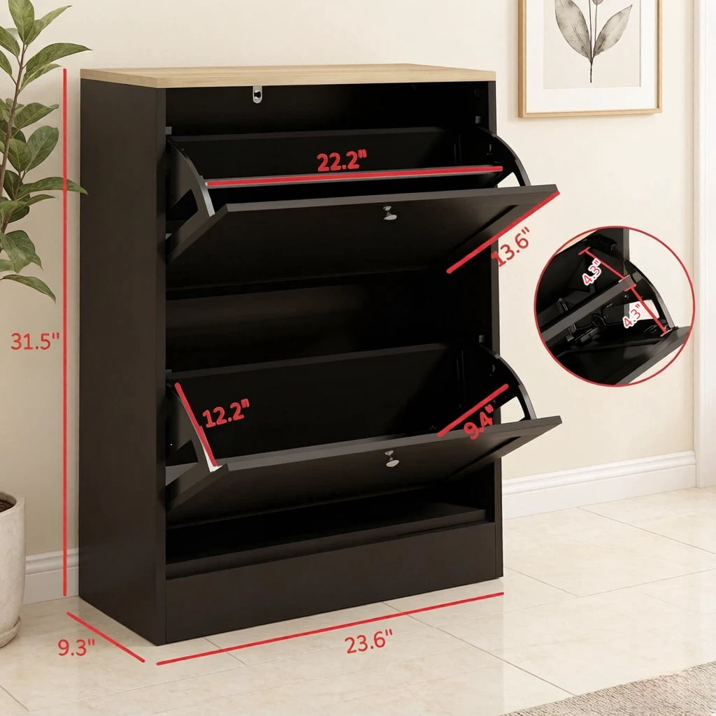 Narrow Hidden Shoe Storage Cabinet with 2 Flip Drawers, Adjustable Shelves Holds 8-12 Pairs US 11 Shoes, Melamine Particleboard Anti-Tipping Slim Shoe Organizer for Small Entryway