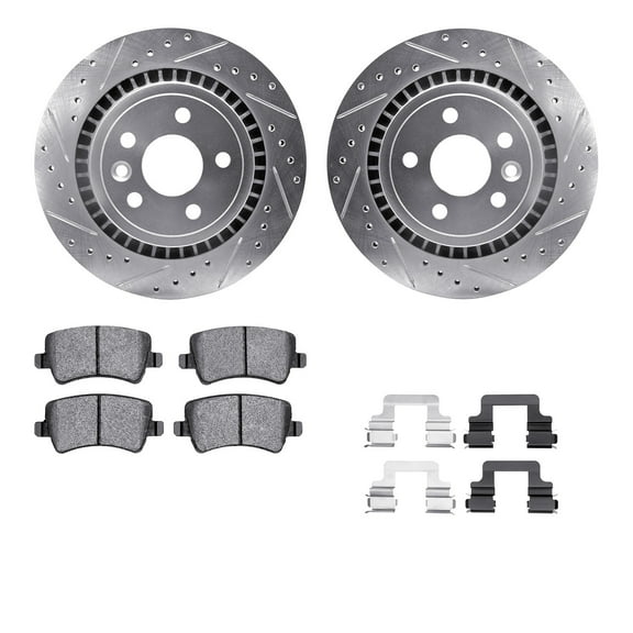 Dynamic Friction Company Rear Brake Rotors-Drilled and Slotted-Silver with 5000 Advanced Brake Pads includes Hardware 7512-27063