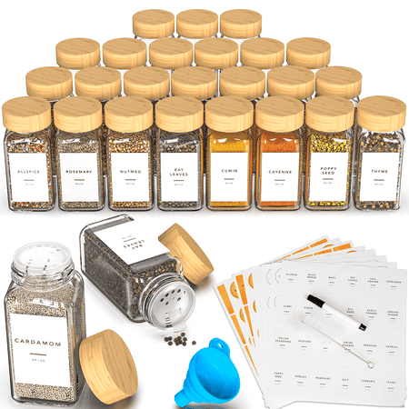 Masadi 24 Pack Glass Spice Jar,Bamboo Lid Glass Spice Jars, Kitchen Spice Storage Jar, Spice Storage Jar,Kitchen Food Storage Tanks,Preprinted Spice Labels,kitchen organizer