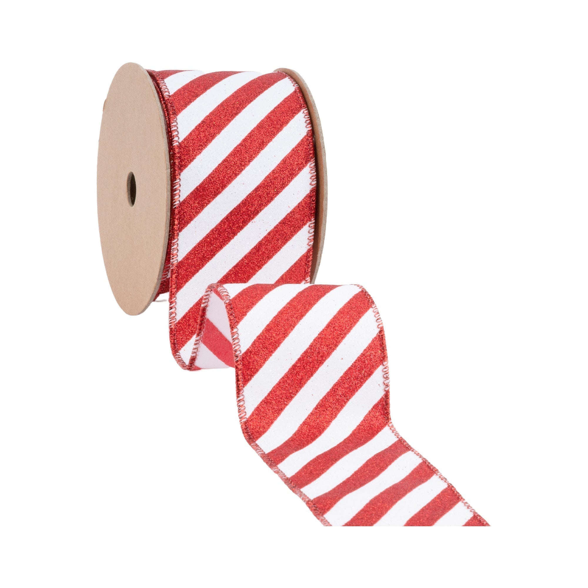 LaRibbons 2 1/2" Wired Ribbon, Red Glittered Diagonal Stripes on White, 10 Yard Roll