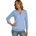 thumbnail image 5 of Womens 3/4 Sleeve Shirts Banded Bottom V Neck Summer Tops Loose Fit Casual Dressy Basic Tees Sky Blue 2XL, 5 of 6
