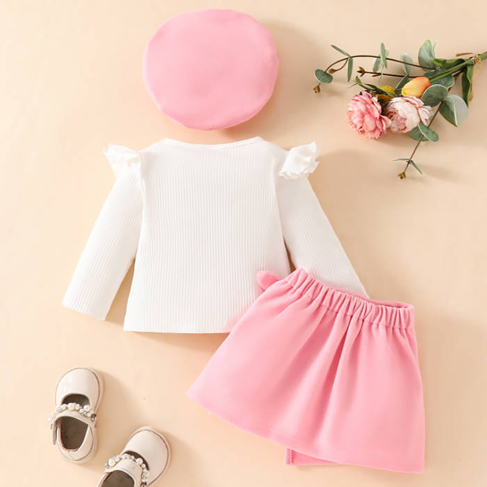 Toddler Girl Skirt Sets Big Bow Ruffle Long Sleeve Knit Ribbed Top with Hat Skirt Fall Winter 3 Piece Set,Z6-Pink,2-3 Years