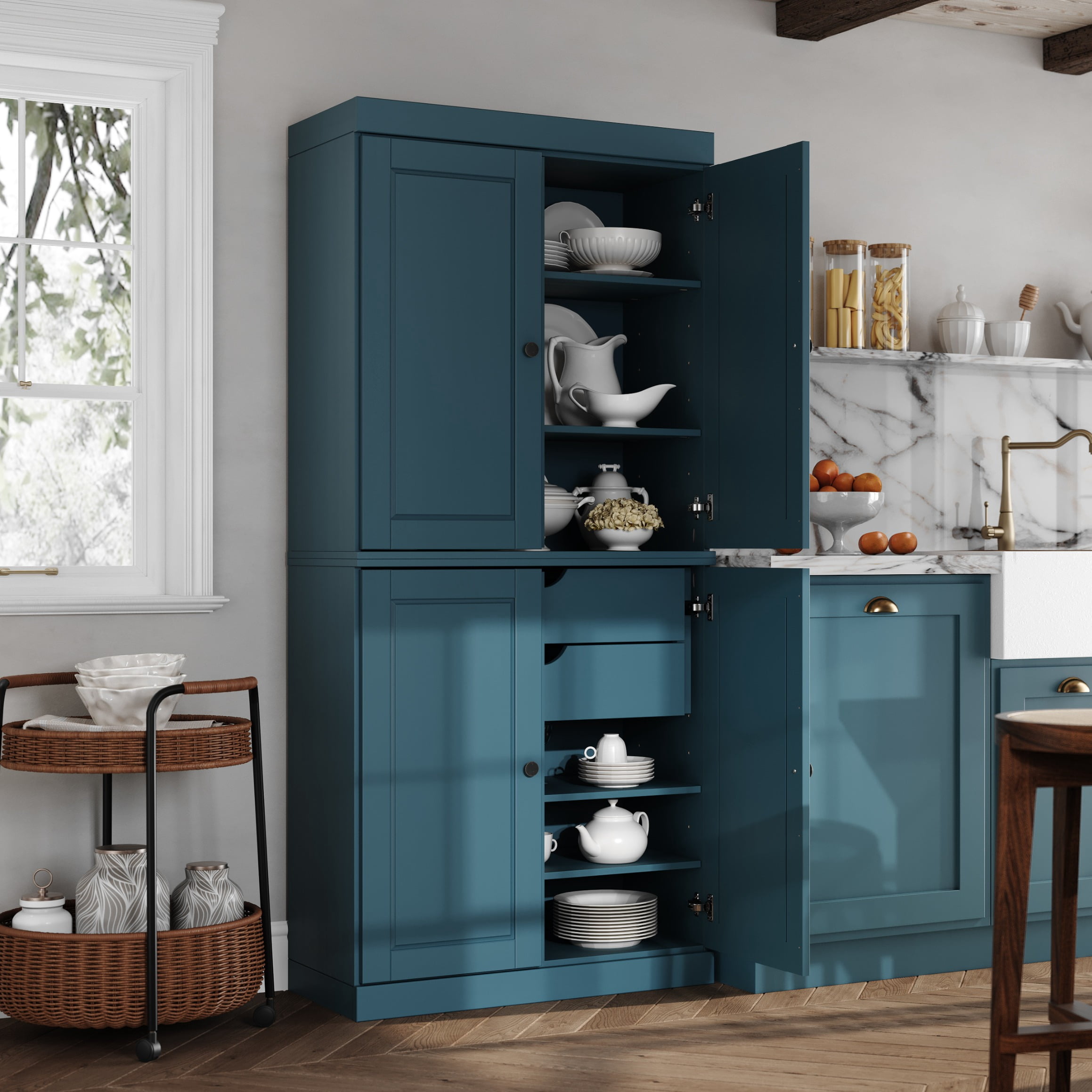 Palace Imports 100% Solid Wood Kitchen Pantry Storage Cabinet with Doors, Adjustable Shelves and 2-Drawers, Teal Blue