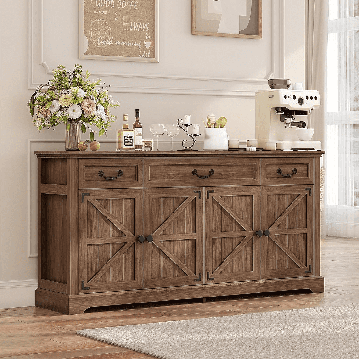Farmhouse Sideboard Buffet Cabinet with Storage, 64.6'' Large Kitchen Storage Cabinet with Barn Doors Drawers, Wood Coffee Bar Table for Dining Room Living Room,  Brown