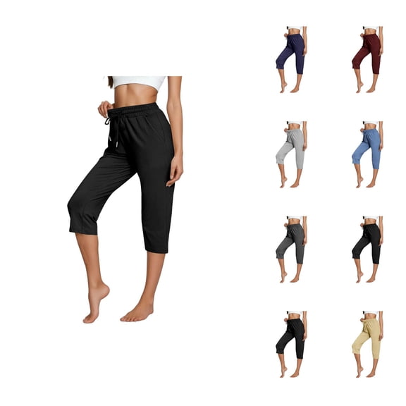 Capri Pants for Women Summer Casual Elastic Waist Straight Leg Relaxed Fit Cropped Sweatpants with Pockets