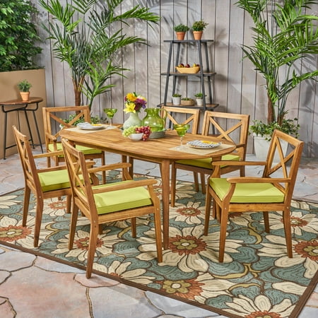 Oakley Outdoor 7 Piece Acacia Wood Dining Set with Cushions, Teak, Green