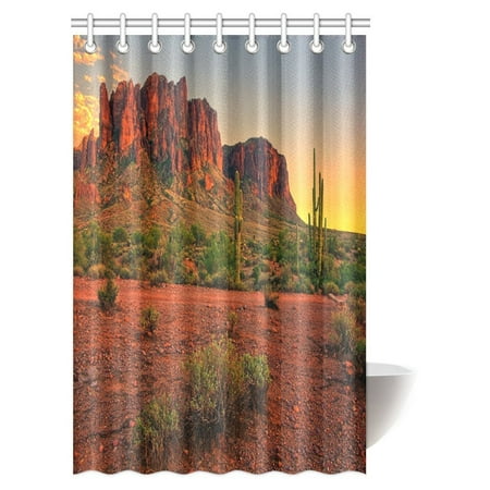 MYPOP Saguaro Cactus Shower Curtain, Colorful Sunset View of the Desert and Mountains near Phoenix Arizona USA Fabric Bathroom Shower Curtain with Hooks, 48 X 72