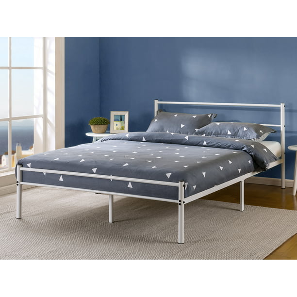 White Metal Platform Bed With Headboard, King Size Metal Platform Bed Frame With Headboard