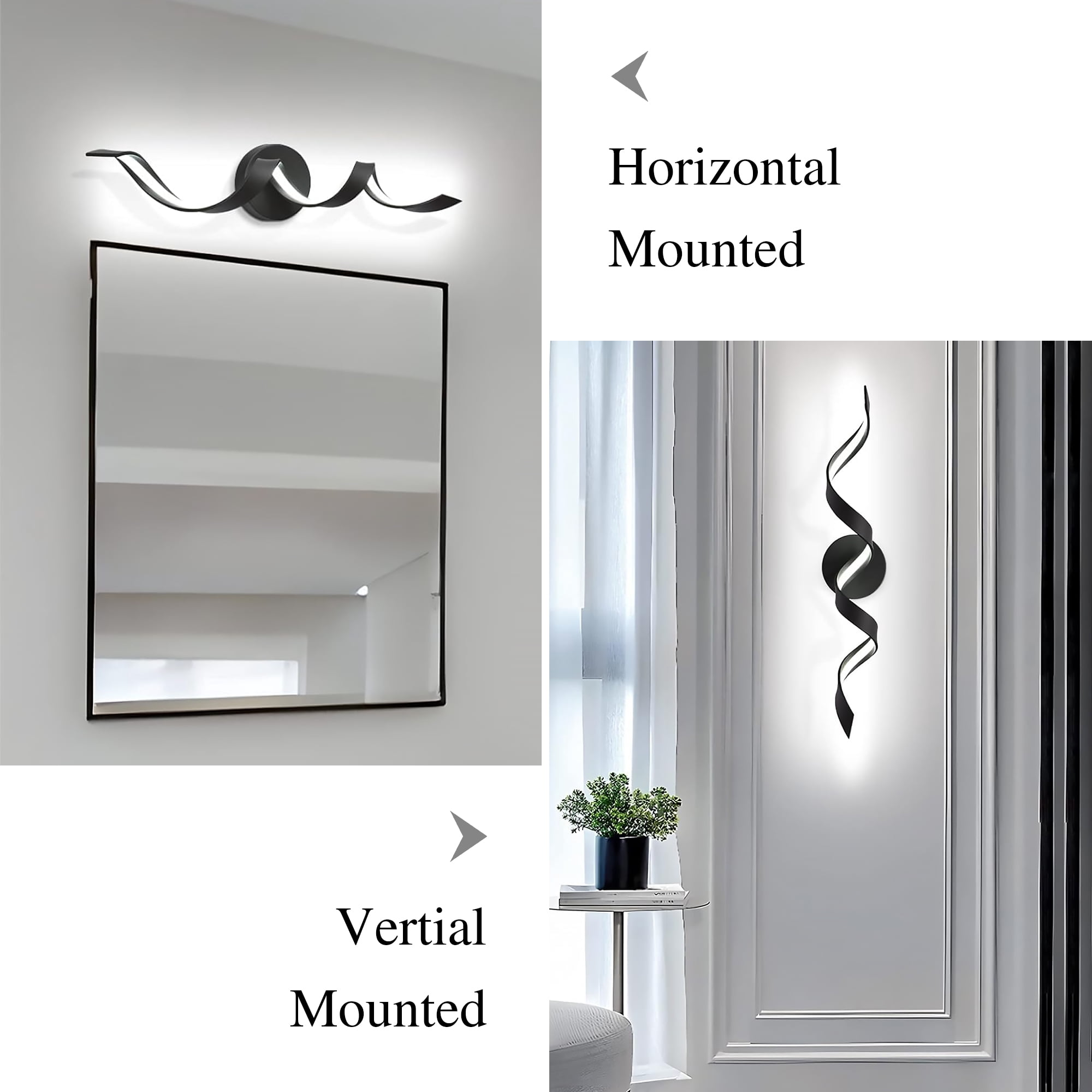 LED Bathroom Vanity Lights, 24inch Dimmable Black Bathroom Lighting Fixture Over Mirror 15W Spiral Design LED Wall Light Fixtures, Black