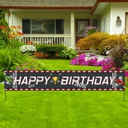 Large Race Car Happy Birthday Banner Racing Car Checkered Flag Backdrop Banner Racing Theme Birthday Outdoor Indoor Decoration for Kids Boys,