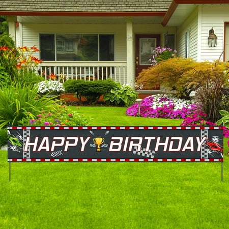 Large Race Car Happy Birthday Banner Racing Car Checkered Flag Backdrop Banner Racing Theme Birthday Outdoor Indoor Decoration for Kids Boys,