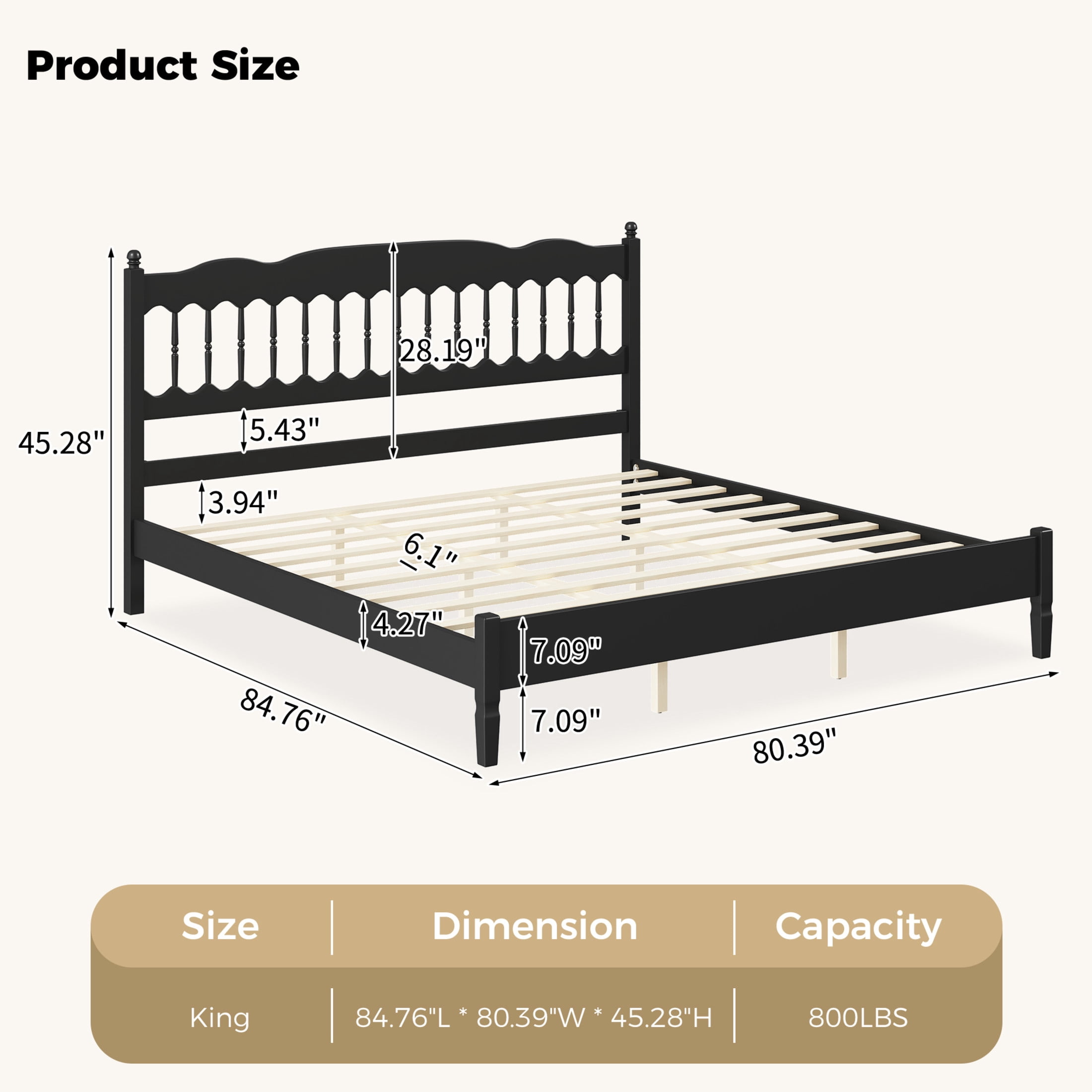 Noble House Onius Countryside Style King Size Wooden Bed Frame, Heavy-Duty Platform Bed with Center Support, Black