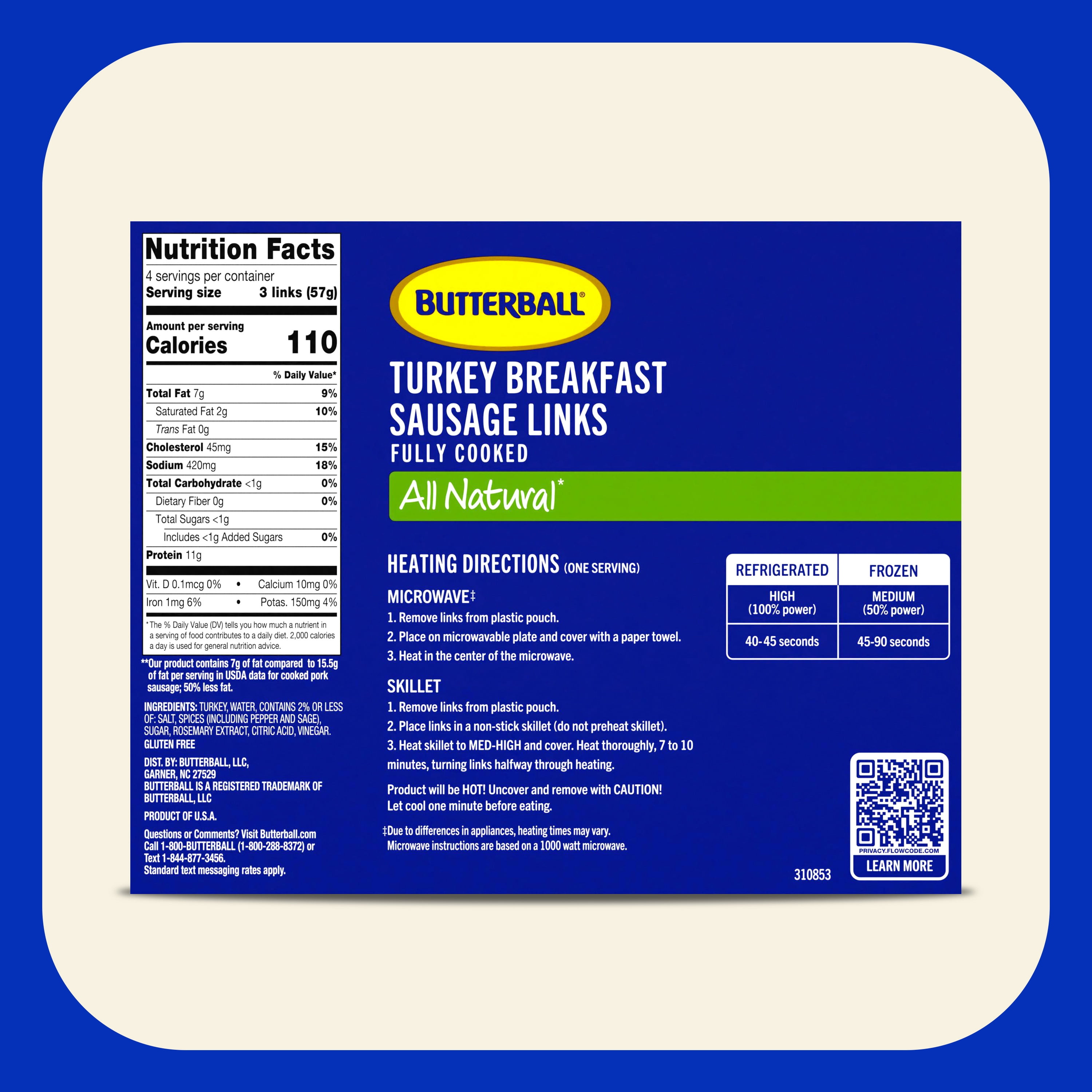 Butterball All Natural Fully Cooked Turkey Breakfast Sausage Links, 12 Links
