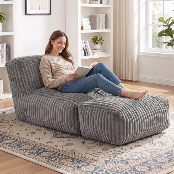 Fulsmile 66" Bean Bag Chair for Adults, Long Chaise Longue Connected with Folding Footrest, Comfortable Lazy Sofa for Bedroom Living Room Video Room, Stripe Grey