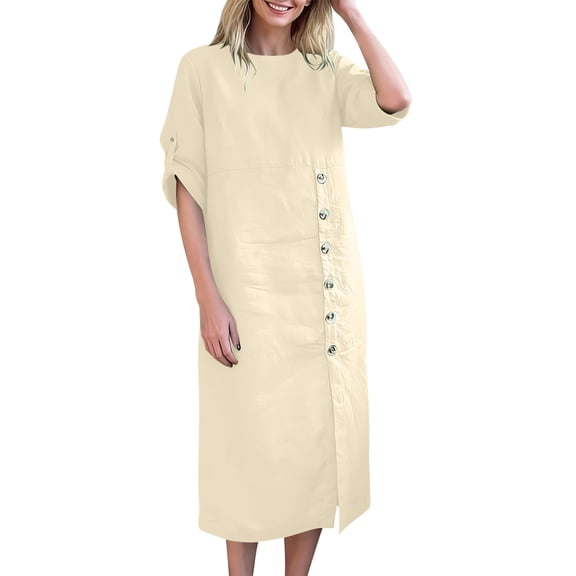 Gamivast Spring Linen Dresses for Women Round Neck Side Button Shift Dress Solid Half Sleeve Work Dresses Loose Fit Casual Summer Church Daily Wear