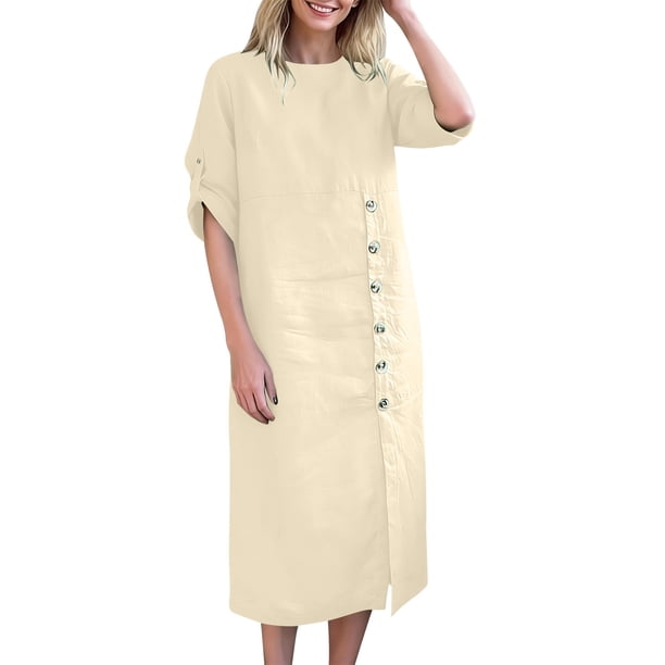 Largo Vestido de Verano Fluido con Botones, Ropa de Color Sólido, Longitud de Rodilla, Vestido Fluido Suelto para Mujeres con Bolsillos