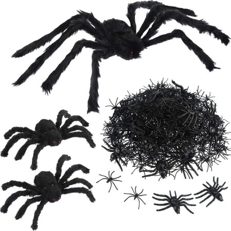 Black 30 Inch Large Spider and 2 Pieces 12 Inch Plush Spider with 20 Pieces 3.1 Inch and 300 Pieces 1.8 Inch Halloween Spiders Scary Decoration for Halloween Party Houses Decorations