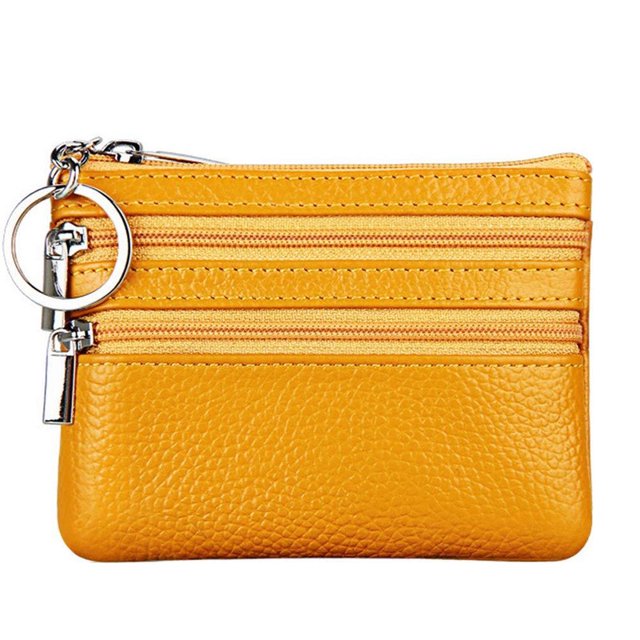 Monedero de piel auténtica para mujer, minimonedero con llavero, color amarillo