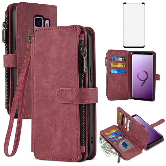 Asuwish Compatible with Samsung Galaxy S9 Plus Wallet Phone Case and Tempered Glass Screen Protector Faux Leather Flip Credit Card Holder Zipper Cell Cover for S9  9S 9  S 9 9plus S9plus Women Red