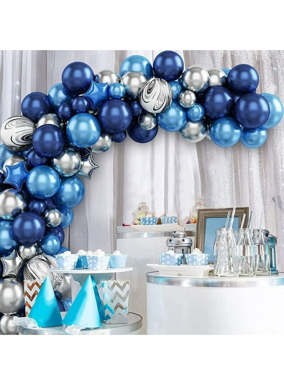 YANSION Navy Blue and Sliver Latex Metallic Pearlescent Balloon 89Pcs 5in 10in Arch &Garland Kit,Boy Baby Shower Party Decorations