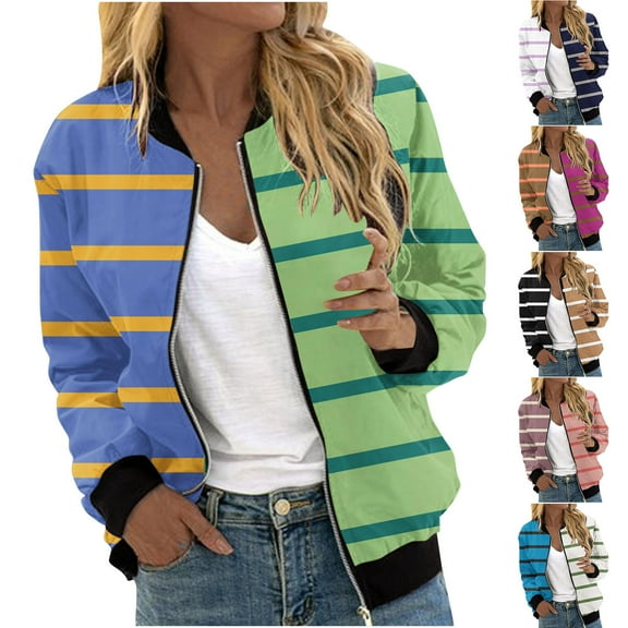 QATAINLAV Bomber Jackets for Women Fashion Stripe Causal Zip Up Coats Fall Long Sleeve Stand Collar Baseball Jacket Lightweight Outerwear Tops, Hot Pink, S