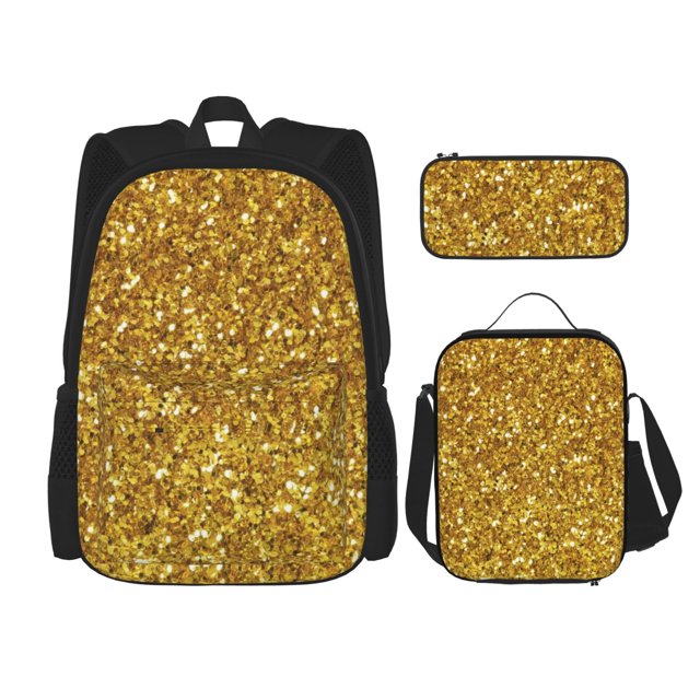 Fotbe Gold Glitter Set Escolar 3 en 1 para Niños - Mochila Duradera con Lonchera Aislante y Estuche para Lápices - Mochila Escolar para Niños y Niñas