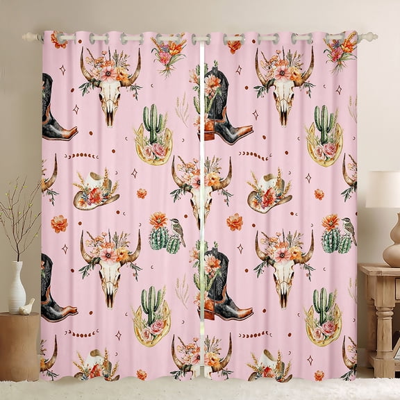Feelyou Kawaii Pink Cowgirl Black Out Curtains, Tribal Western Cowboy Curtains Pack of 2 (42x63 Each), Flower Skeleton Skull Bedroom Curtains, Living Room Curtains Decor