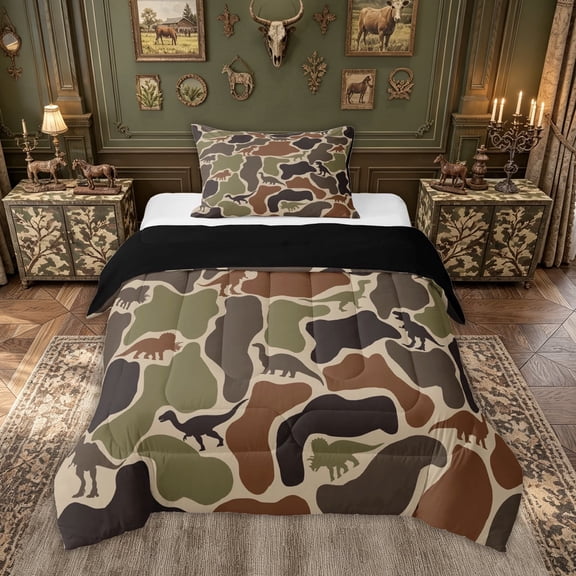 meiyoeat Dino Camo Twin Comforter Sets for Boys, Dinosaur Print Bedding Set for Kids, Green, Black Reversible, 2 Pieces, 1 Comforter and 1 Pillowcase