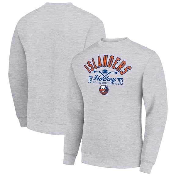 Men's Starter Heather Gray New York Islanders Stick And Puck Logo Fleece Pullover Sweatshirt