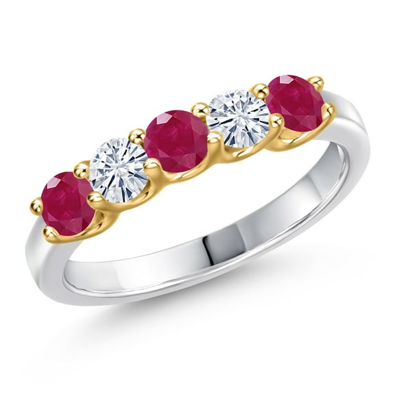 Gem Stone King 10K Two Tone Gold Red Ruby and White Moissanite Wedding-Bands Ring for Women | 1.07 Cttw | Round 3.5MM | Gemstone July Birthstone | Size 7