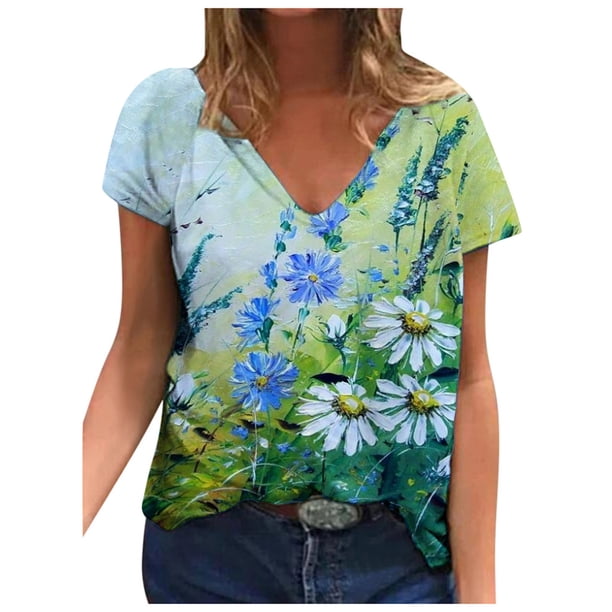 Moda Mujer Cuello en V Manga corta Impresión Jersey Blusas sueltas Tops Camiseta OAVQHLG3B Store lin121212