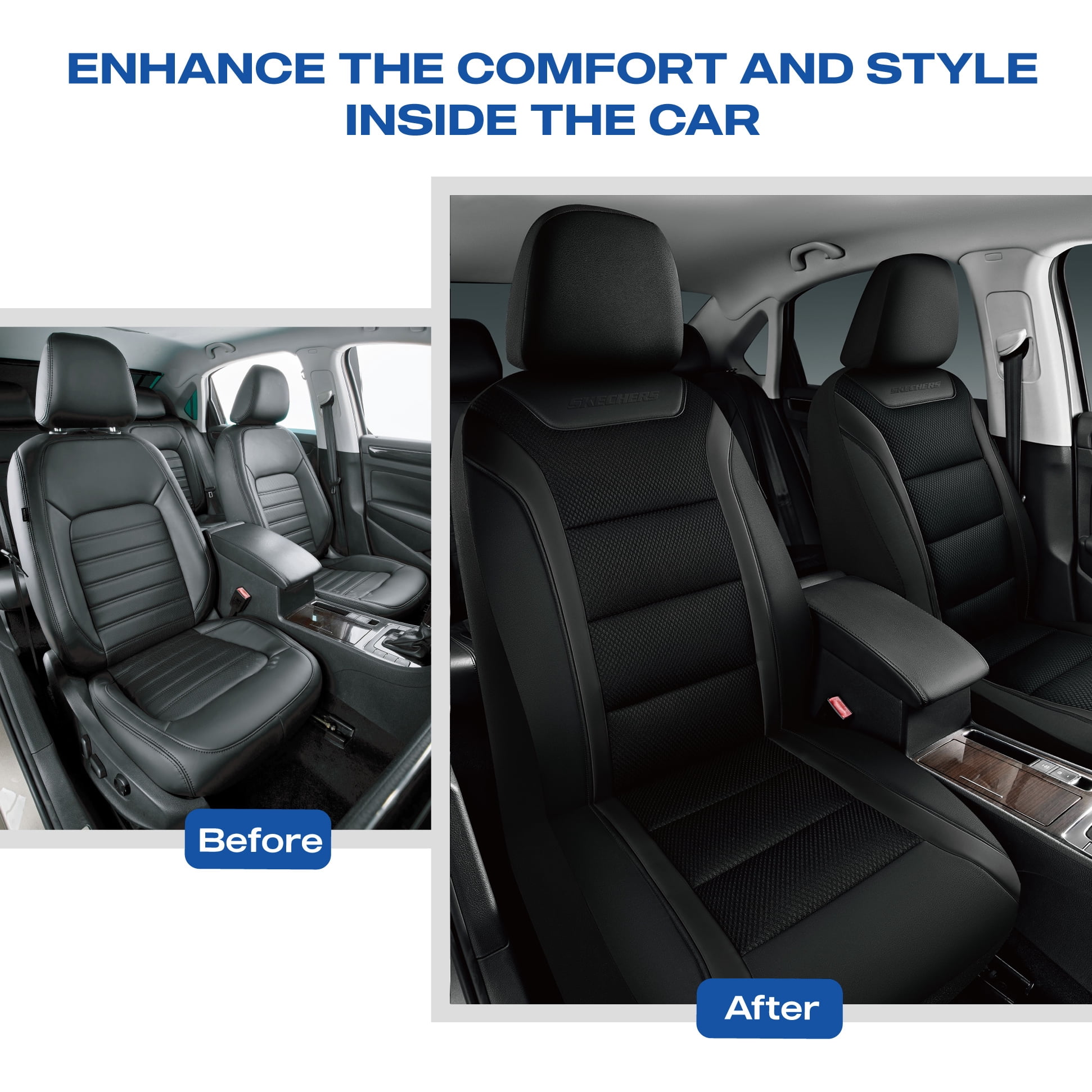 Skechers Leather Mesh Front Car Seat Cover – Premium Comfort with Breathable Mesh Panels, Durable Leather Construction, Universal Fit for Cars, Trucks, and SUVs - Black