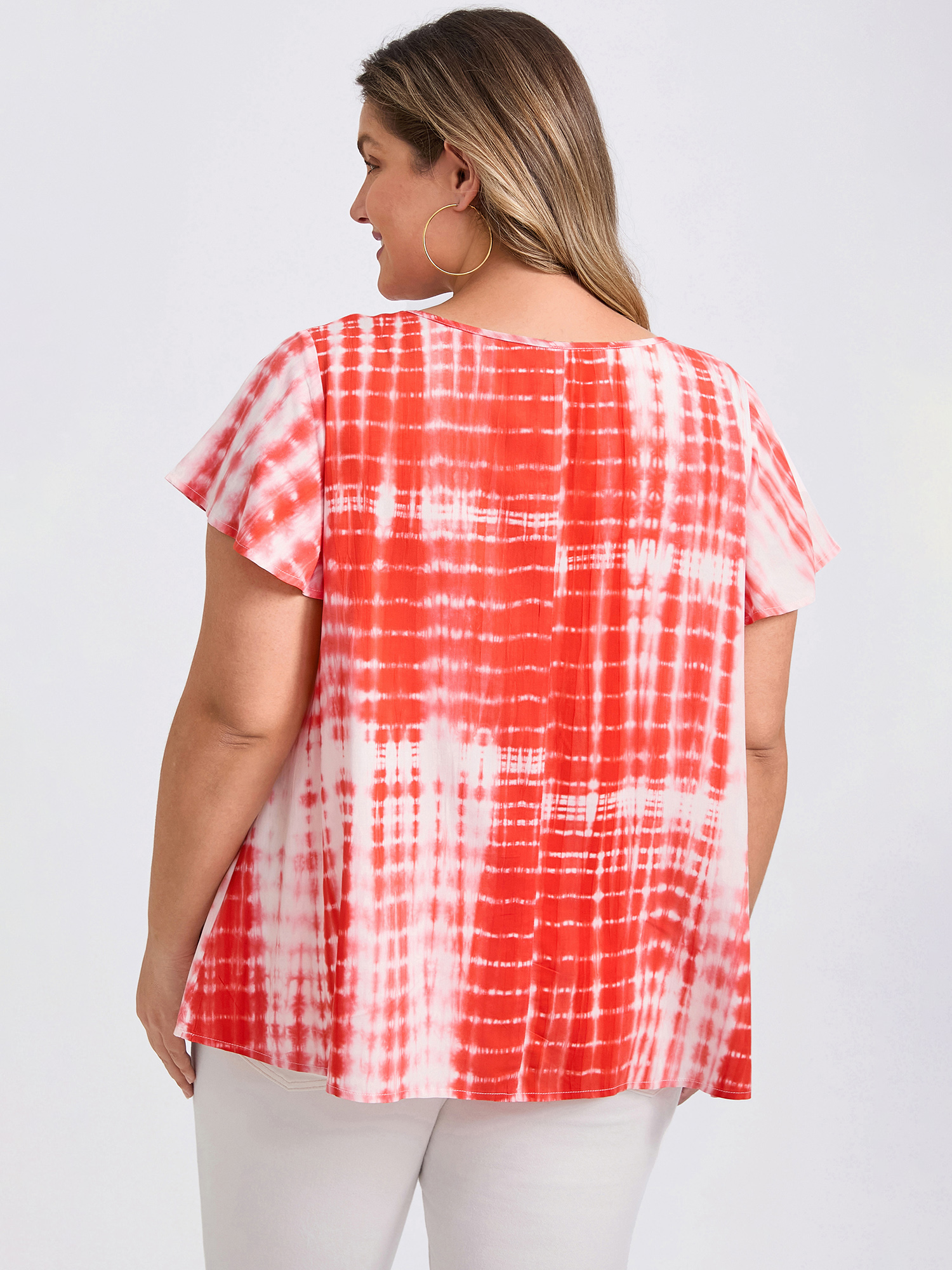 DARING DIVA Women's Plus Tie Dye V Neck Ruffle Sleeve Blouse 1X Orange