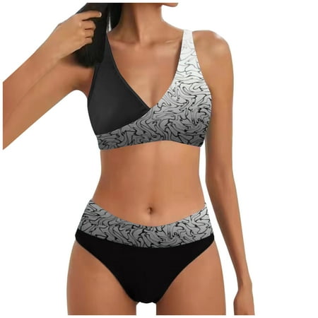 QYZEU Womens Swimsuits Tankini Clearance V Neck Swimming Bra for Women Women s Two Piece Bikini Split Print Hot Push Up Bikini Swimsuit Swimming Bra with Underwire White 2XL