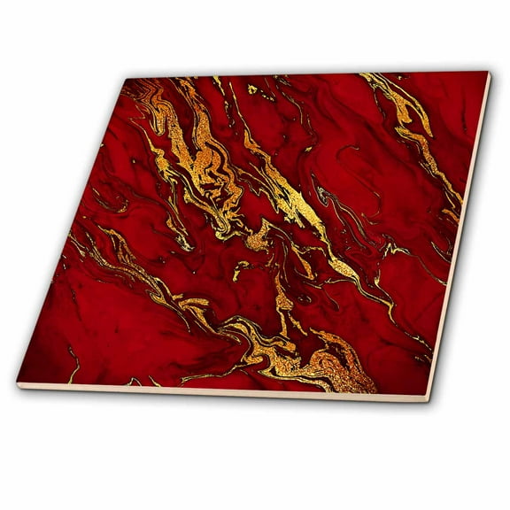 3dRose, Luxury Red Gold Gem Stone Marble Glitter Metallic Faux Print , 12 Inch Ceramic Tile