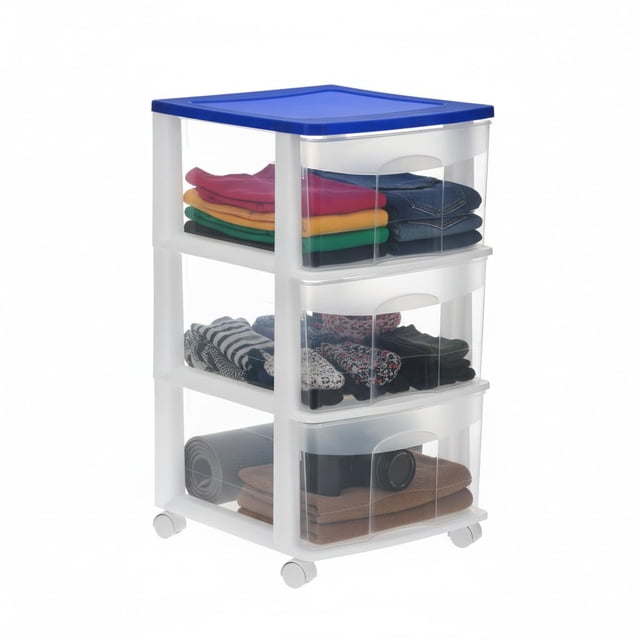 Italhome Cajonera De Plástico, Cajonera Organizador Con Ruedas De Color Blanco Azul Con 3 Cajones Transparentes Fox