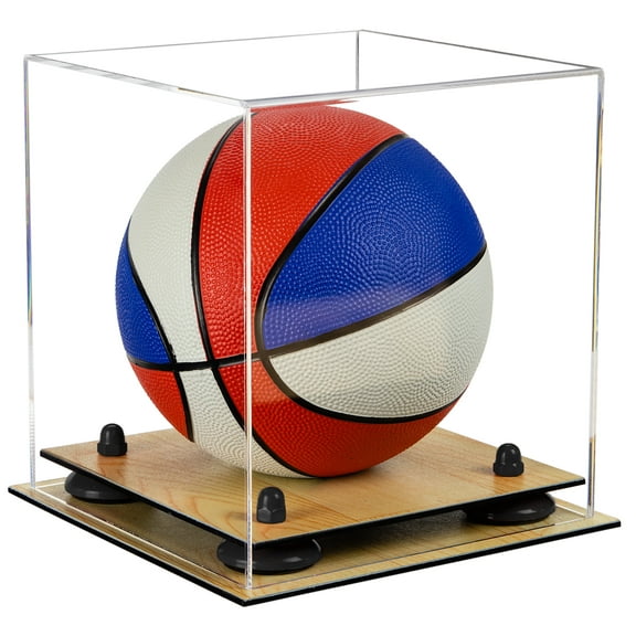 Clear Acrylic Mini - Miniature (not Full Size) Basketball Display Case with Black Risers and Wood Floor (A015-BR)