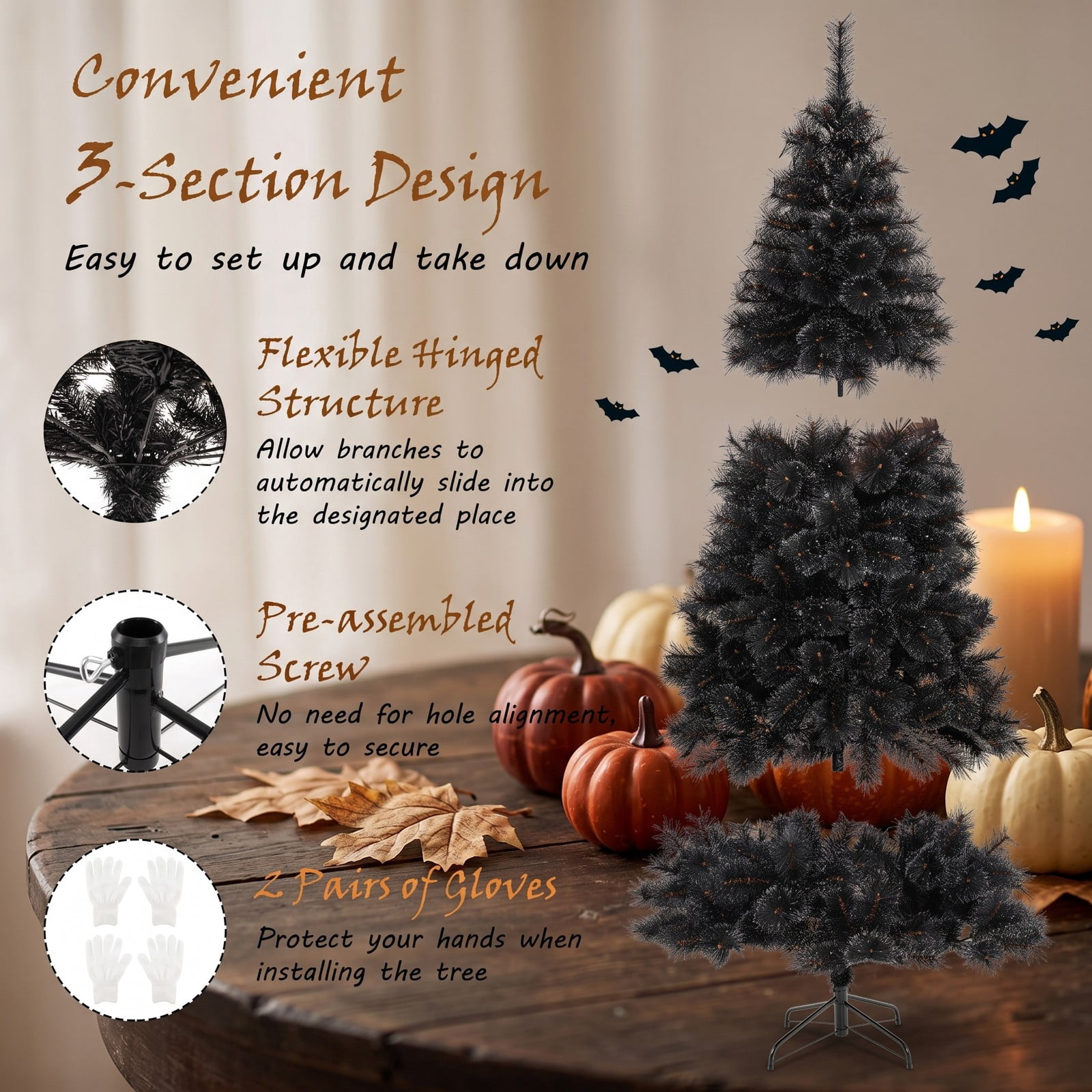 RUIE 6/7/8 FT Pre-Lit Black Artificial Christmas Halloween Tree with 210/320/450 Cool White LED Lights, PVC Hinged Branches, 3-Section Metal Base, Black