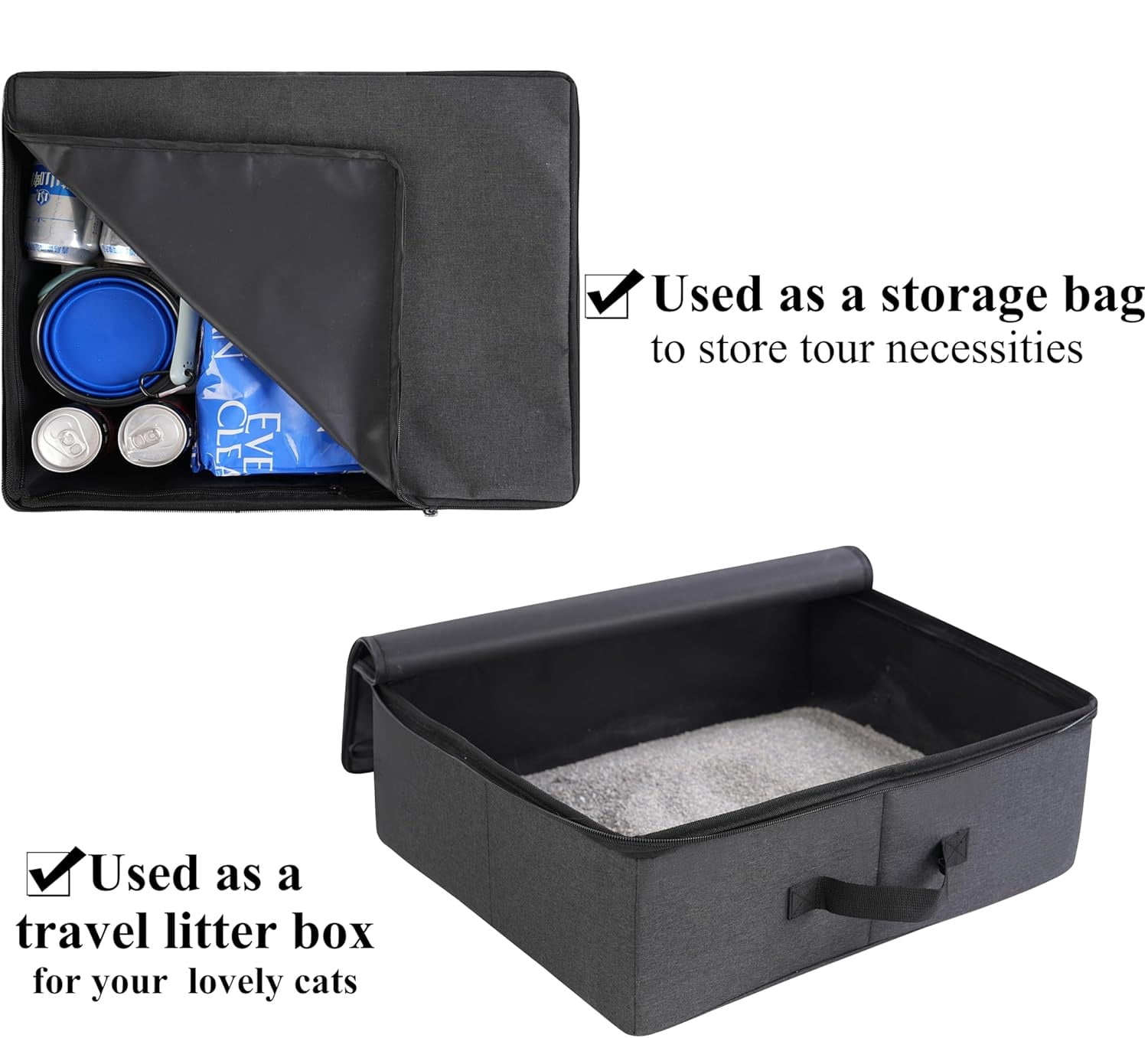 Portable Cat Travel Litter Box with Zipped Waterproof Bag,Collapsible Litter Carrier for Cat with Zipped Lid and Handle, No Leakage, No Smell, Easy to Carry and Use in Hotels, Car Black