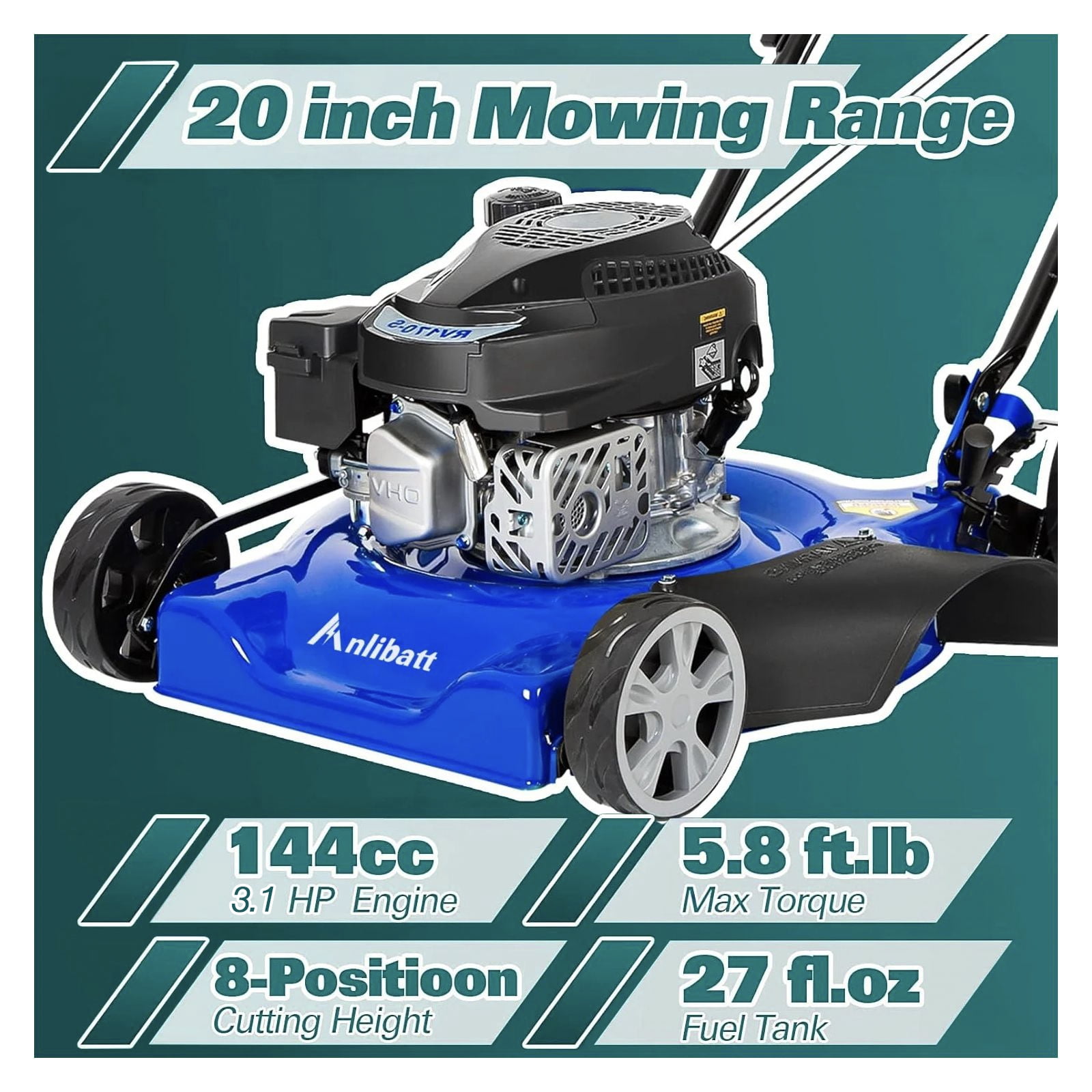 ANLIBATT Gas Lawn mower 20" Cutting Deck 144cc 4-Cycle Engine, Steel Deck with Side Discharge