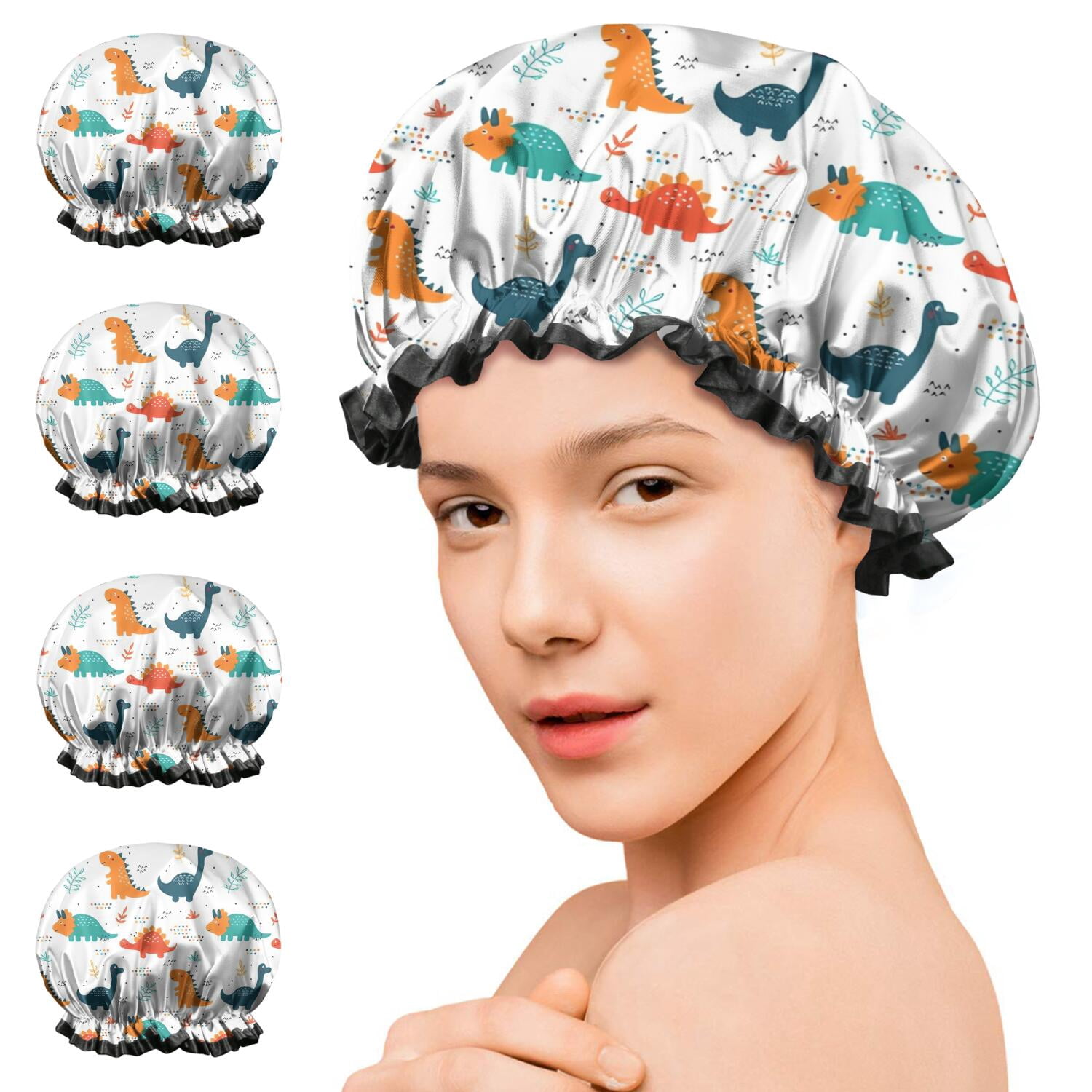 Shower Caps,White Cartoon Dinosaurs Pattern Waterproof Shower Cap for Women 4 Pieces,Double Reusable Hair Cover for Shower PEVA Elastic Stretch Hem