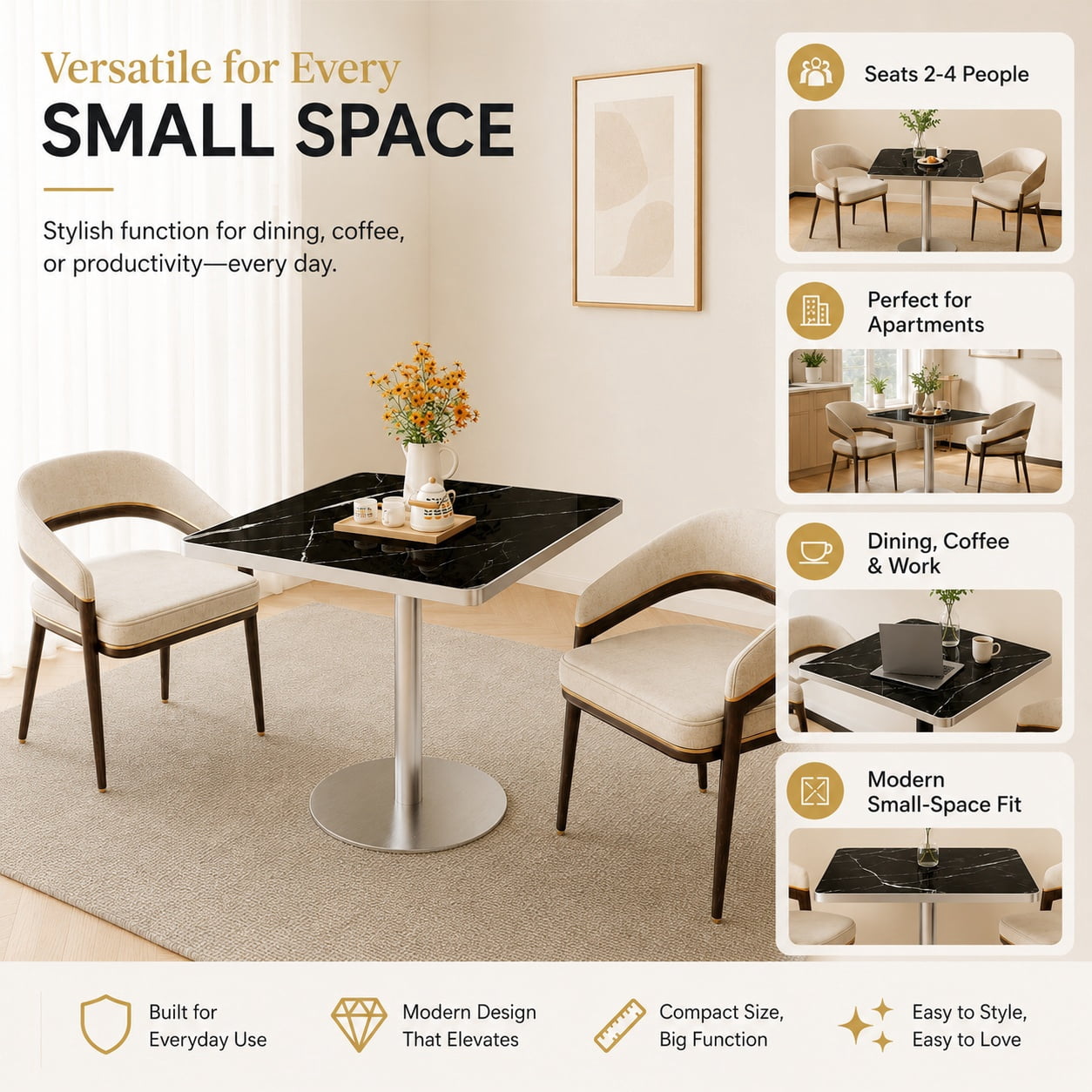 Aukfa 31.5" Square Dining Table for 2-4, Marble-Look Sintered Stone Top, Silver Pedestal Base, Small Spaces,Obsidian Black