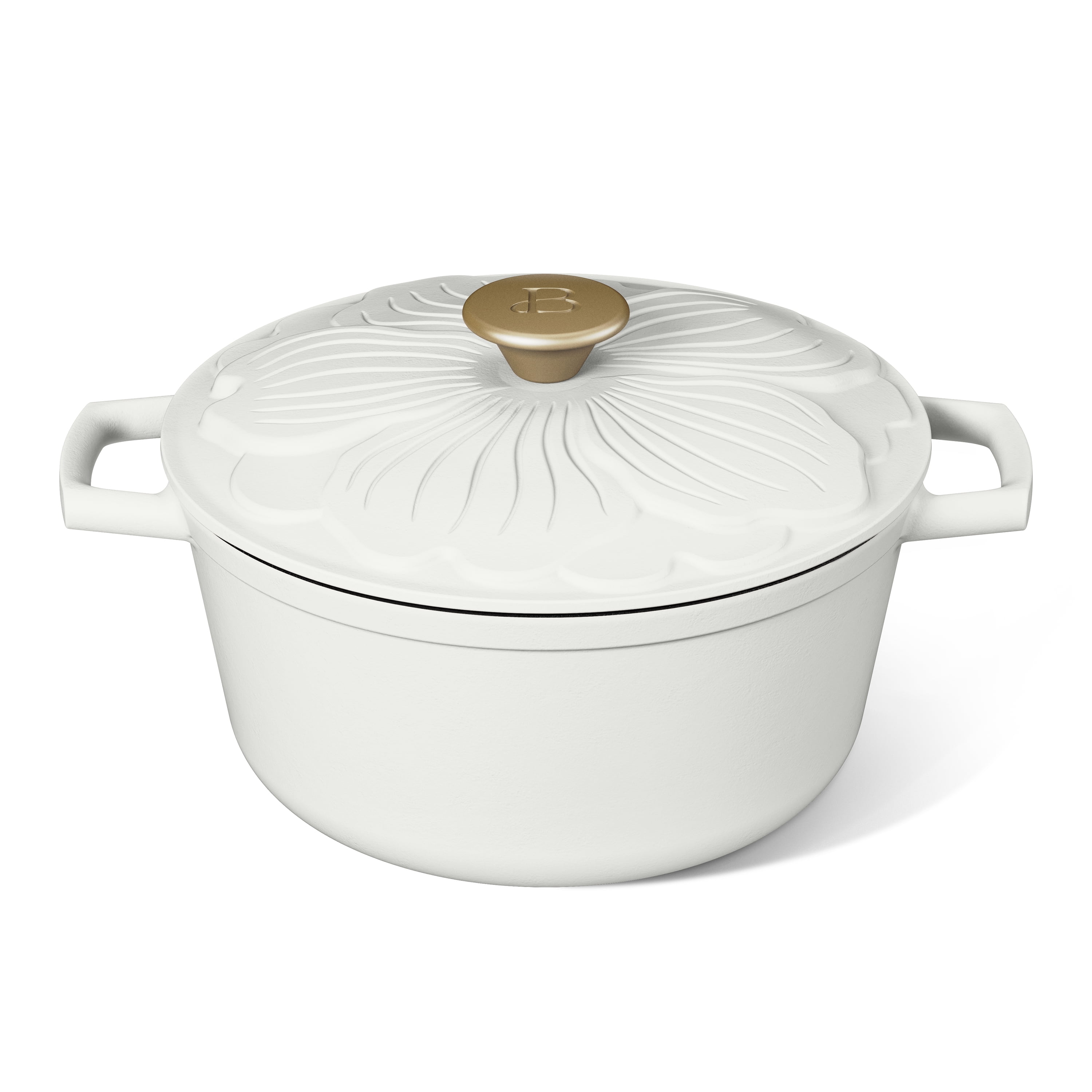 Beautiful 4 Quart Enameled Cast Iron Round Dutch Oven with Petal Design Lid, White Icing by Drew Barrymore