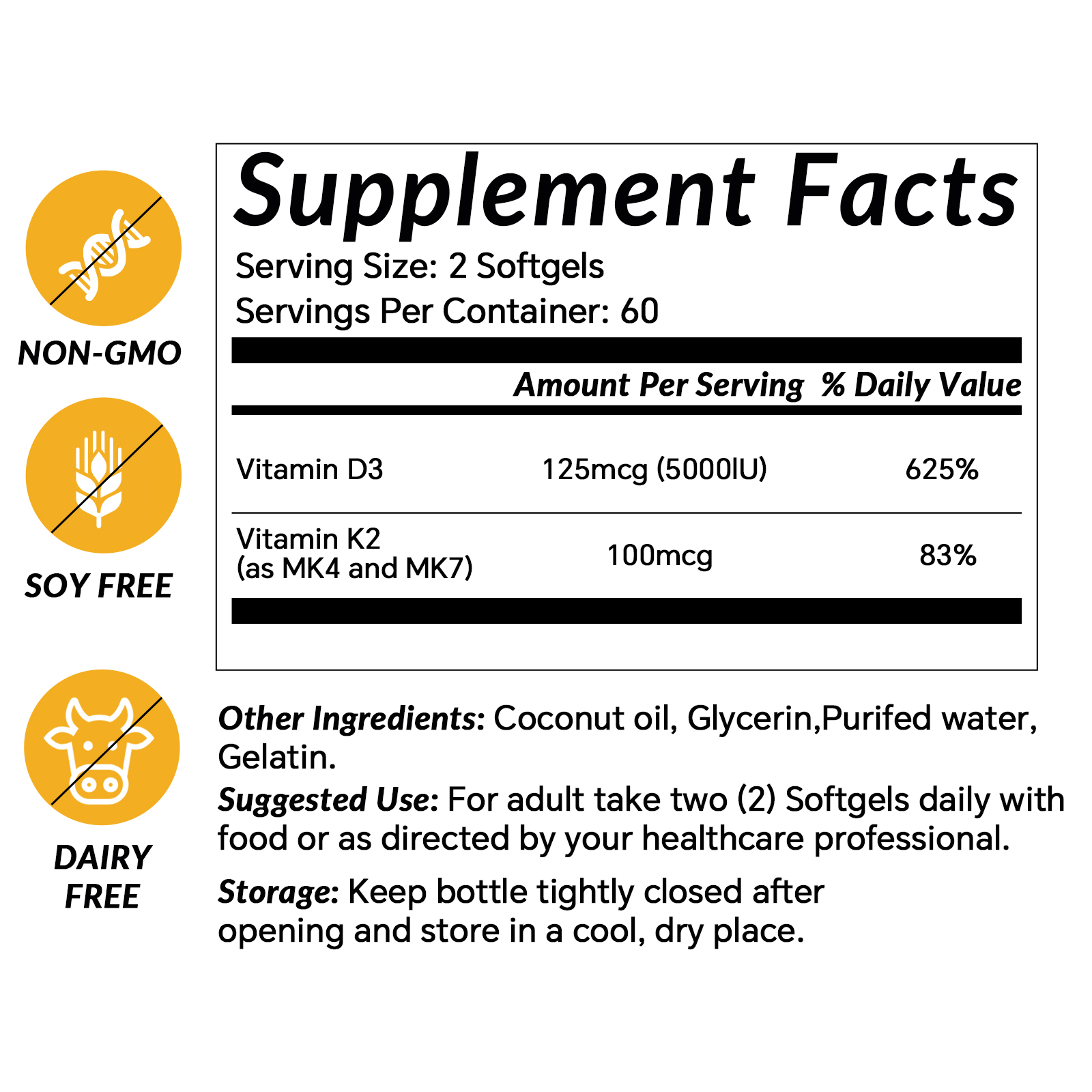 Liife Vitamin D3 K2（MK7+MK4） Supplement 5000IU with Organic Extra Virgin Coconut Oil - Supports Calcium Absorption, Bone & Immune Health- Non-GMO 120 Softgels