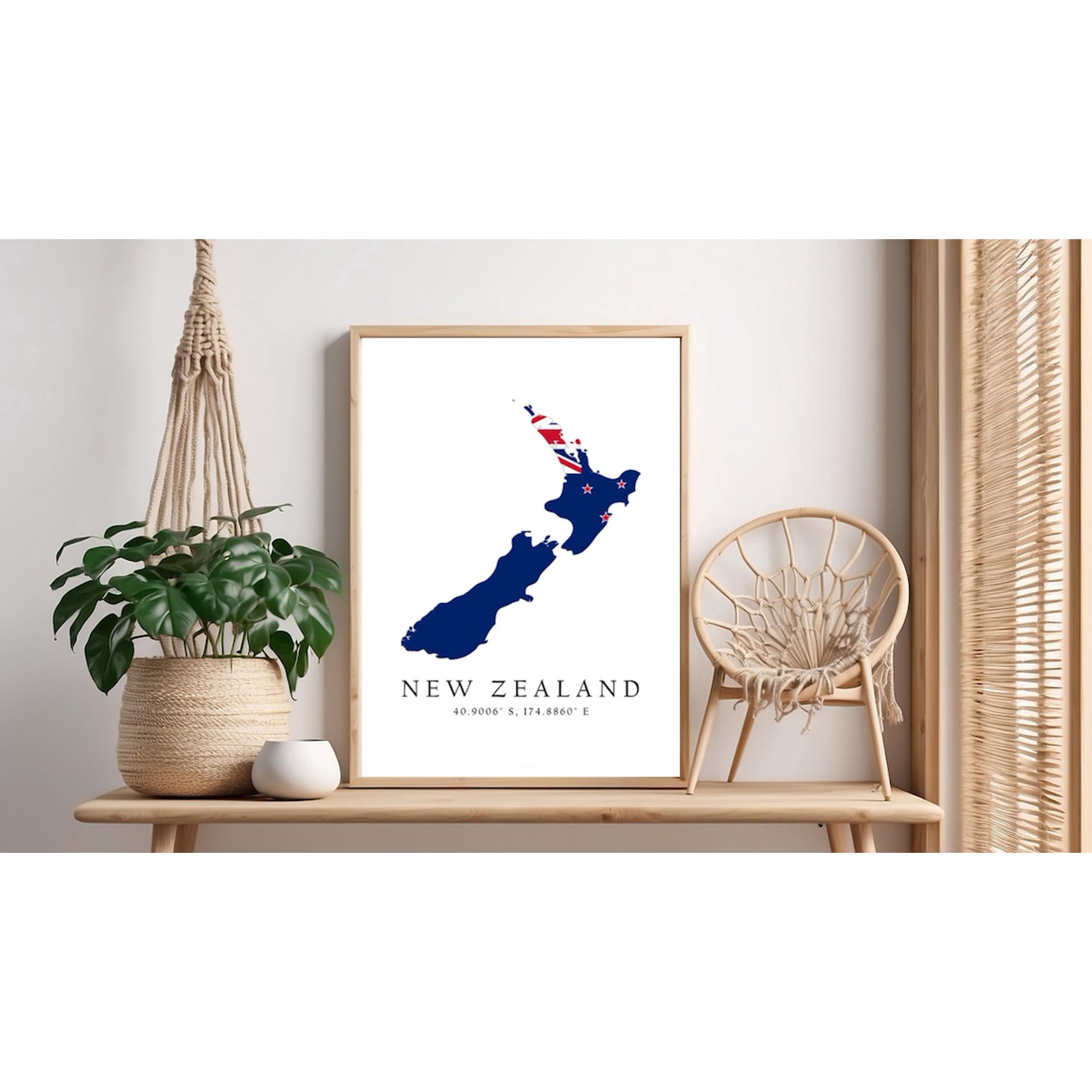 New Zealand Map Print Flag & Coordinates Wall Art