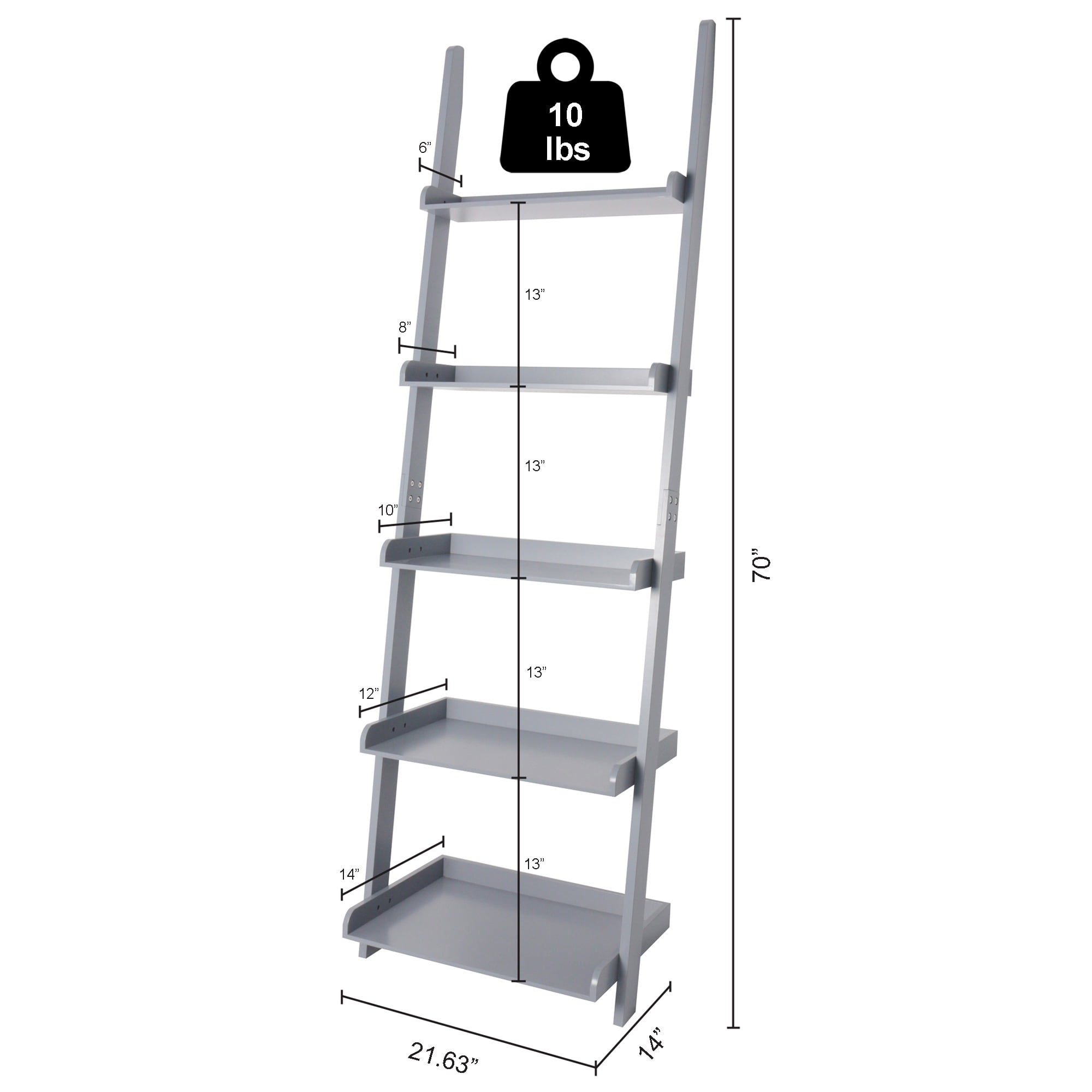 eHemco 5 Tier Ladder Leaning Wall Bookcase, Storage Bookshelf, 70 Inches, Gray
