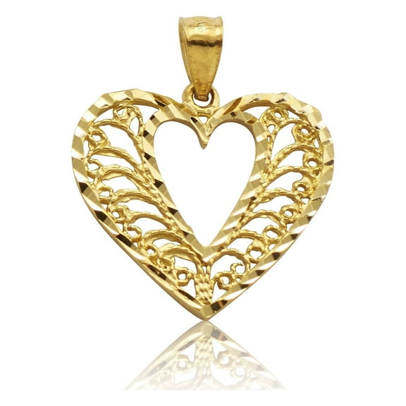 LoveBling 10K Yellow Gold Heart Diamond Cut Charm Pendant (0.96" x 0.70")